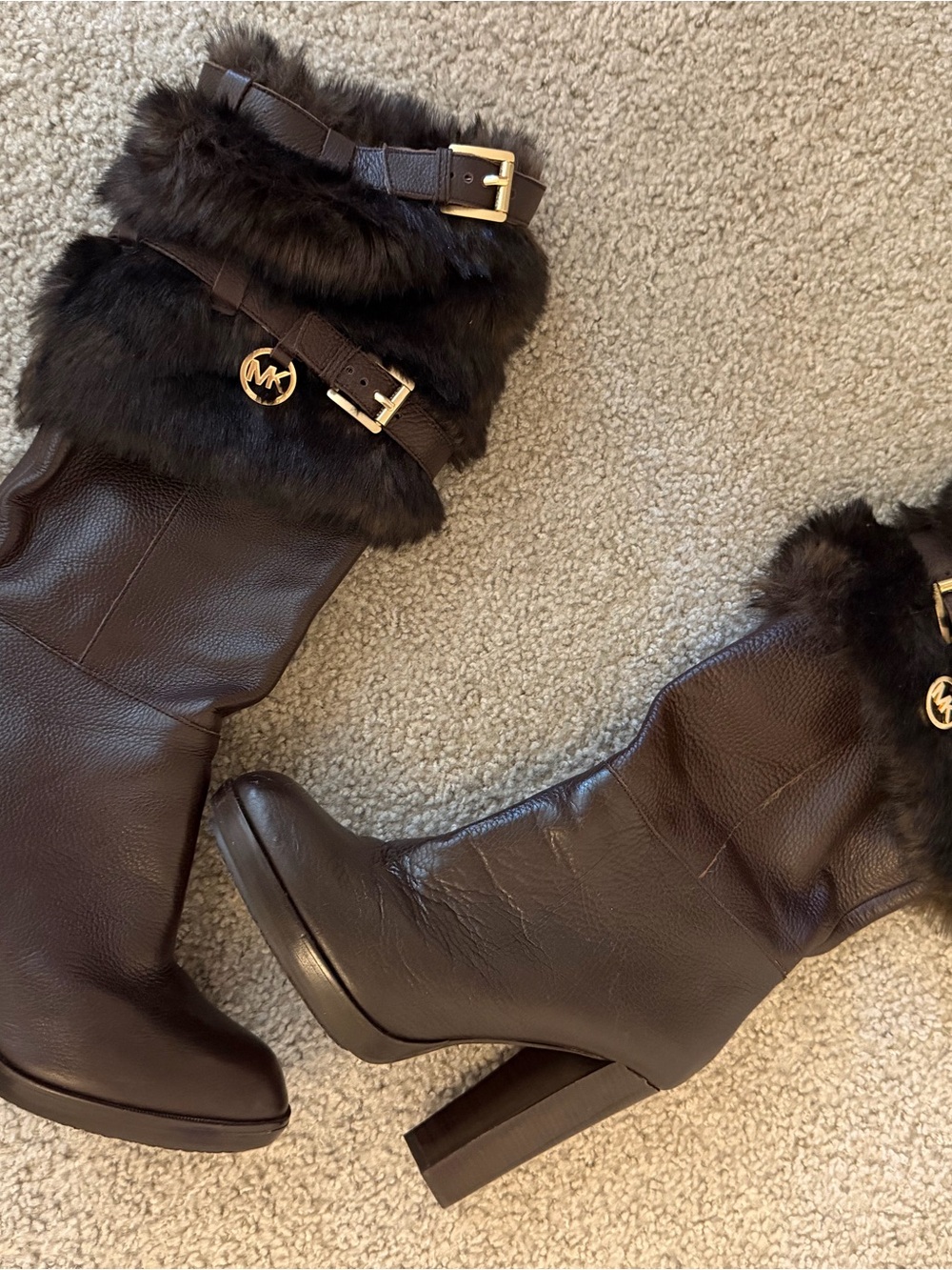 Michael Kors Dark Brown Leather Fur-Trim Heeled Boots